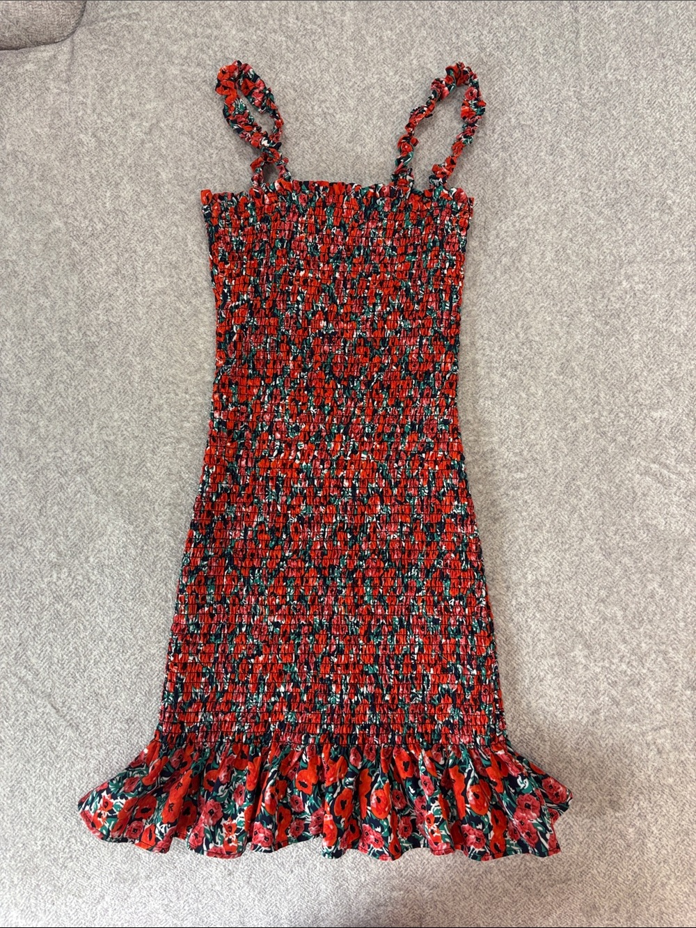 Red Floral Smocked Sundress with Ruffle Hem